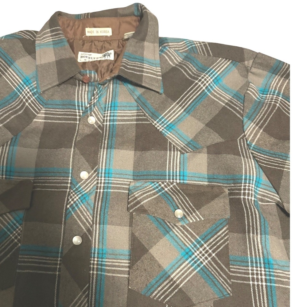 Vintage Roebucks Western Shirt Lined Mens L Plaid Pearl Snap Cowboy Workwear - Picture 2 of 5